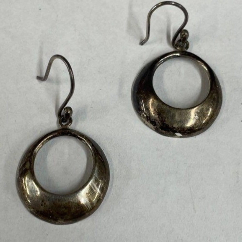 Sterling Silver 925 Open Circle Drop Earrings Hammered Back Minimalist Dangle
